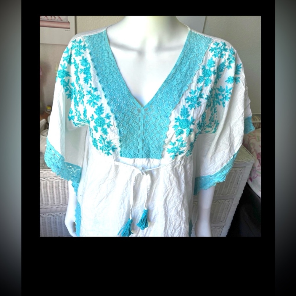 Sunny Oceans Embroidered White & Aqua Coverup Cotton waistband Drawstring Size L